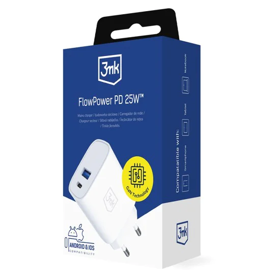 Зарядно устройство 3mk Wall Charger GaN - USB, Type-C 25W, QC4 - Бяло