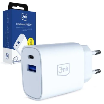 Зарядно устройство 3mk Wall Charger GaN - USB, Type-C 30W, PD 3.0, QC4 - Бяло