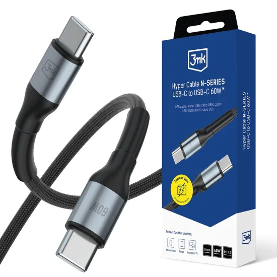 Кабел за данни 3mk Data Cable Hyper N-Series - Type-C към Type-C, 60W, 50cm - Черен