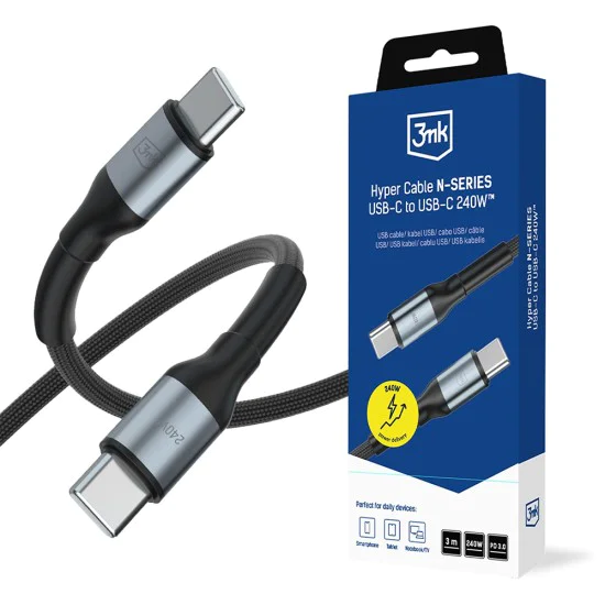 Кабел за данни 3mk Data Cable Hyper N-Series - Type-C към Type-C, 240W, 3m - Черен