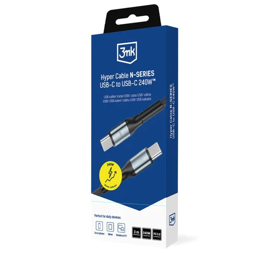 Кабел за данни 3mk Data Cable Hyper N-Series - Type-C към Type-C, 240W, 3m - Черен