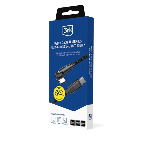 Кабел за данни 3mk Data Cable Hyper N-Series - Type-C към Type-C, 180 градуса, 100W, 1m - Черен