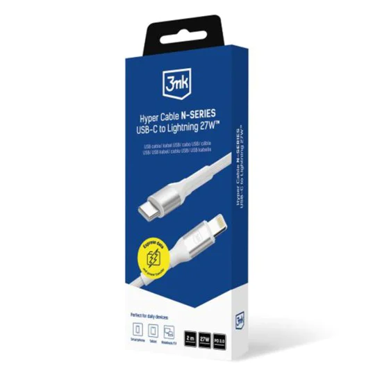 Кабел за данни 3mk Data Cable Hyper N-Series - Type-C към Lightning, 27W, 2m - Бял