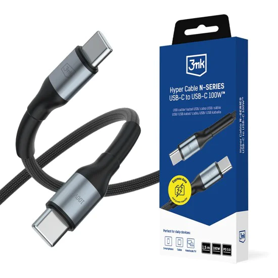 Кабел за данни 3mk Data Cable Hyper N-Series - Type-C към Type-C, 100W, 1.5m - Черен