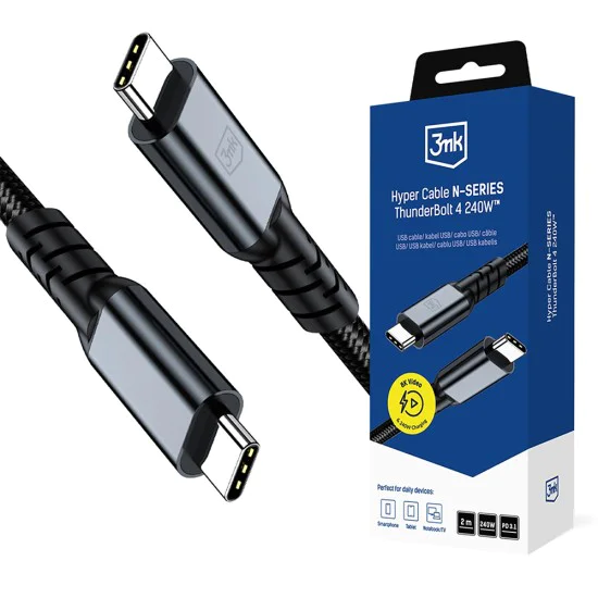 Кабел за данни 3mk Data Cable Hyper N-Series - Thunderbolt 4, 240W, 8K@60Hz, 2m - Черен