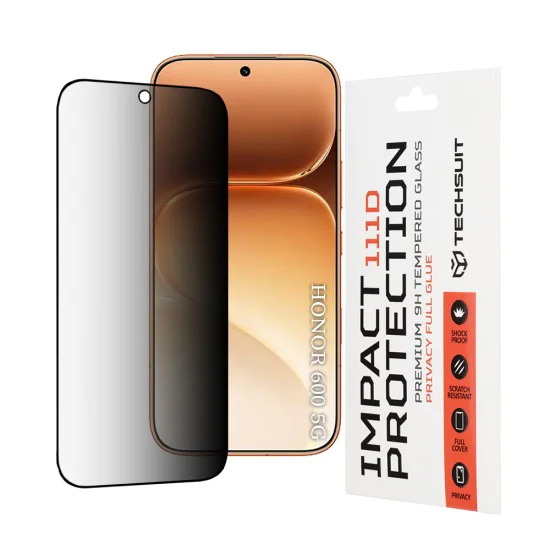 Стъклен протектор за Honor 600 / 600 Pro - 111D Privacy Full Glue - Techsuit - Черен