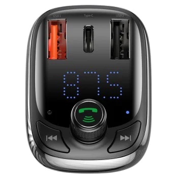 FM модулатор със зарядно за кола 2x USB, Type-C, Bluetooth MP3 Player - Baseus S-13 (CCMT000101) - Черен
