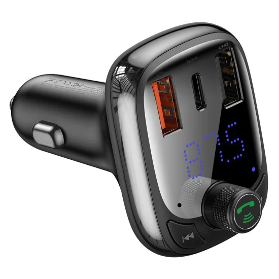 FM модулатор със зарядно за кола 2x USB, Type-C, Bluetooth MP3 Player - Baseus S-13 (CCMT000101) - Черен