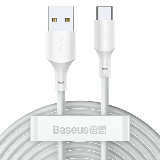 Кабел за данни USB към Type-C, бързо зареждане 5A, 40W, 1.5m (комплект 2) - Baseus (TZCATZJ-02) - бял