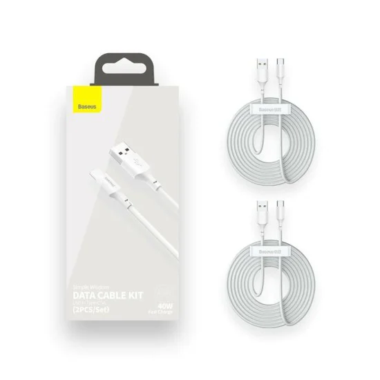 Кабел за данни USB към Type-C, бързо зареждане 5A, 40W, 1.5m (комплект 2) - Baseus (TZCATZJ-02) - бял