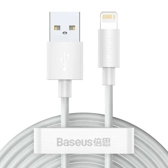 Кабел за данни USB към Lightning, бързо зареждане 2.4A, 480Mbps, 1.5m (комплект 2) - Baseus (TZCALZJ-02) - бял