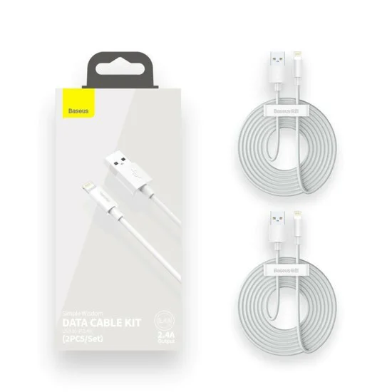 Кабел за данни USB към Lightning, бързо зареждане 2.4A, 480Mbps, 1.5m (комплект 2) - Baseus (TZCALZJ-02) - бял