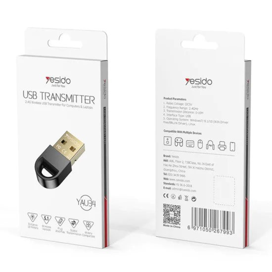 Безжичен USB-A към Bluetooth адаптер - Yesido (YAU34) - черен