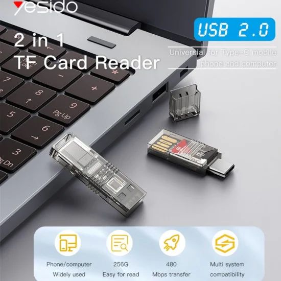 Четец на TF карти, USB, Type-C, 480Mbps - Yesido (GS21) - Прозрачен