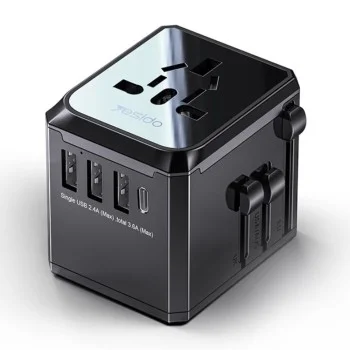Пътническо зарядно – Yesido MC10 – 3× USB + Type-C, EU/UK/US/AUS, 3.6A – Черно