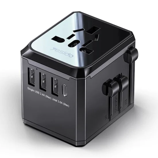 Пътническо зарядно – Yesido MC10 – 3× USB + Type-C, EU/UK/US/AUS, 3.6A – Черно