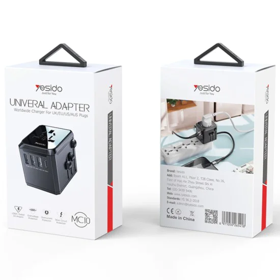 Пътническо зарядно – Yesido MC10 – 3× USB + Type-C, EU/UK/US/AUS, 3.6A – Черно