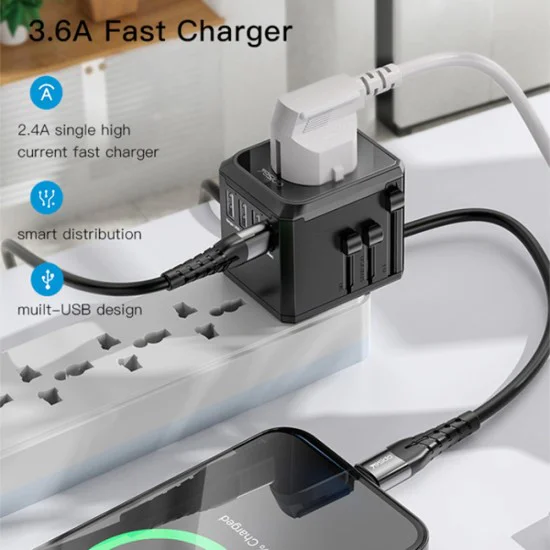 Пътническо зарядно – Yesido MC10 – 3× USB + Type-C, EU/UK/US/AUS, 3.6A – Черно