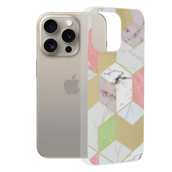 Калъф за iPhone 15 Pro Max - Мраморна серия - лилав шестостен
