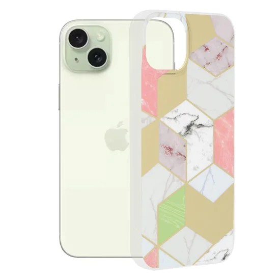 Калъф за iPhone 15 Plus - Мраморна серия - лилав шестостен