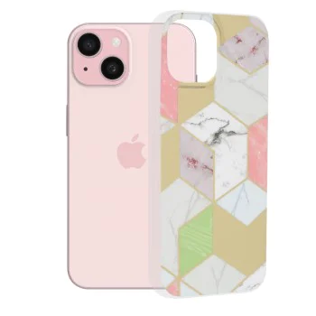 Калъф за iPhone 15 - Серия Мрамор - Лилав шестостен