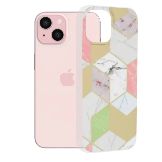 Калъф за iPhone 15 - Серия Мрамор - Лилав шестостен