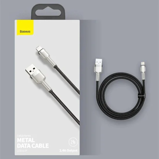 USB към Lightning кабел, 2.4A, 480Mbps, 1m - Baseus Cafule Series Metal (CALJK-A01) - черен