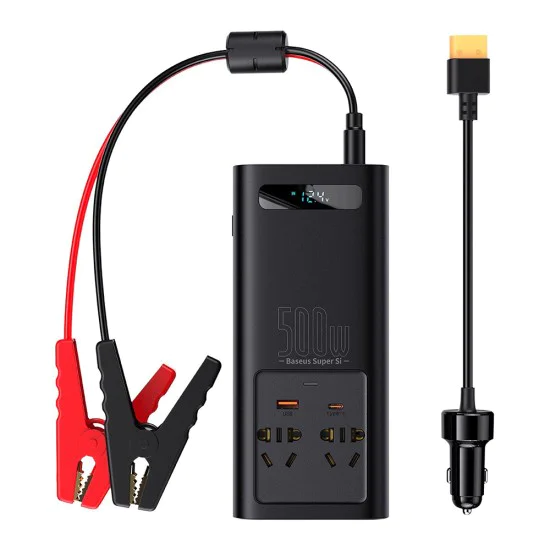 USB инвертор за кола, Type-C, CN/EU, 150W/12V, 500W/220V + 12V скоби и кабел - Baseus (CGNB000101) - черен