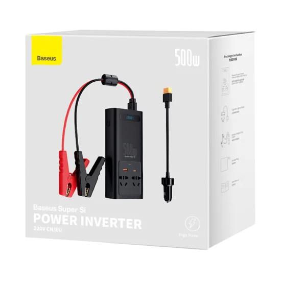 USB инвертор за кола, Type-C, CN/EU, 150W/12V, 500W/220V + 12V скоби и кабел - Baseus (CGNB000101) - черен