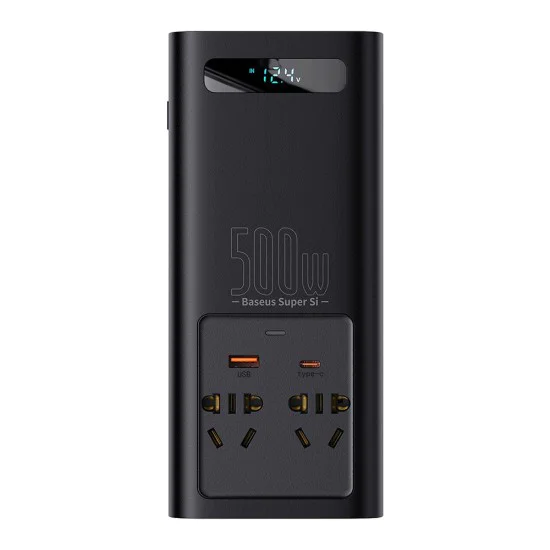 USB инвертор за кола, Type-C, CN/EU, 150W/12V, 500W/220V + 12V скоби и кабел - Baseus (CGNB000101) - черен