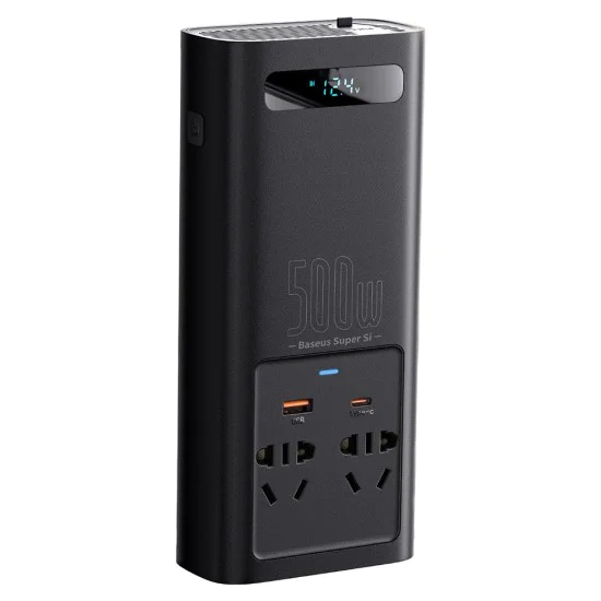 USB инвертор за кола, Type-C, CN/EU, 150W/12V, 500W/220V + 12V скоби и кабел - Baseus (CGNB000101) - черен