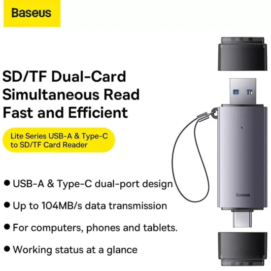 USB четец на карти, Type-C 3.0 към MicroSD, SD - Baseus Lite Series (WKQQX060113) - сив
