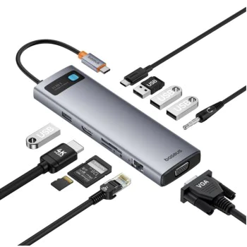 Хъб Type-C към HDMI 4K, VGA, 4xUSB, Type-C, RJ45, SD, TF, Jack 3.5mm - Baseus Metal Gleam (B00030709811-00) - Space Gray