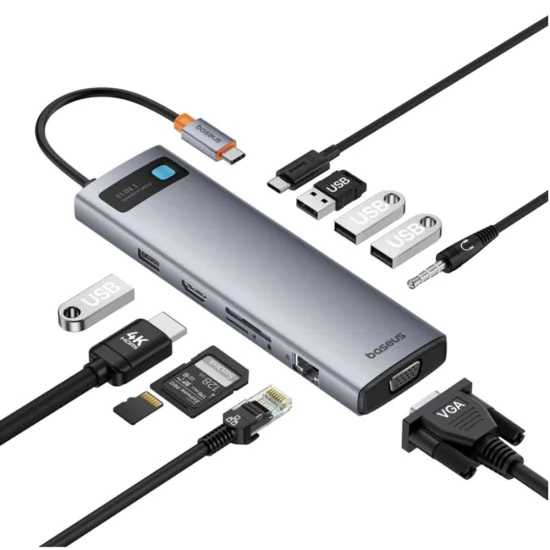 Хъб Type-C към HDMI 4K, VGA, 4xUSB, Type-C, RJ45, SD, TF, Jack 3.5mm - Baseus Metal Gleam (B00030709811-00) - Space Gray
