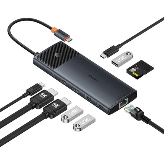 USB-C хъб към 2 x HDMI, 3xUSB, 2xUSB-C, RJ45, SD,TF - Baseus Metal Gleam Series II (B00061800123-00) - Черен