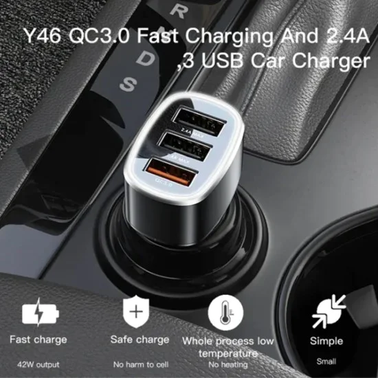3x USB зарядно за кола - Yesido (Y46) - черно
