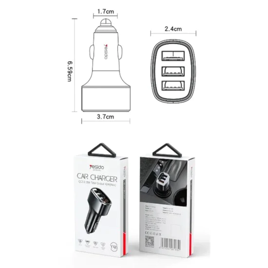 3x USB зарядно за кола - Yesido (Y46) - черно