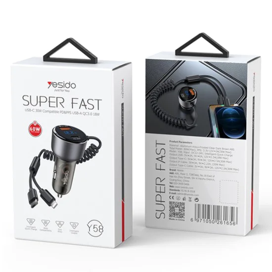 USB зарядно за кола USB, Type-C, 60W - Yesido (Y58) - Сиво