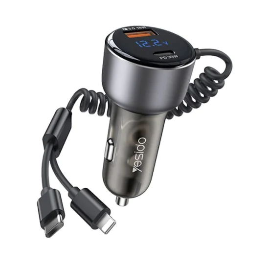 USB зарядно за кола USB, Type-C, 60W - Yesido (Y58) - Сиво