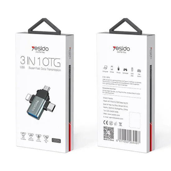 USB към Lightning, Micro-USB, Type-C 480Mbps OTG адаптер - Yesido (GS15) - черен