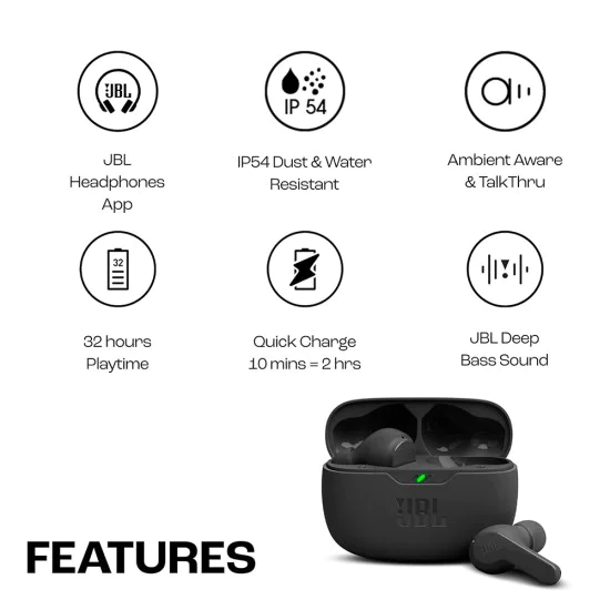 Bluetooth слушалки за поставяне в ушите с микрофон TWS - JBL (Wave Beam) - черни