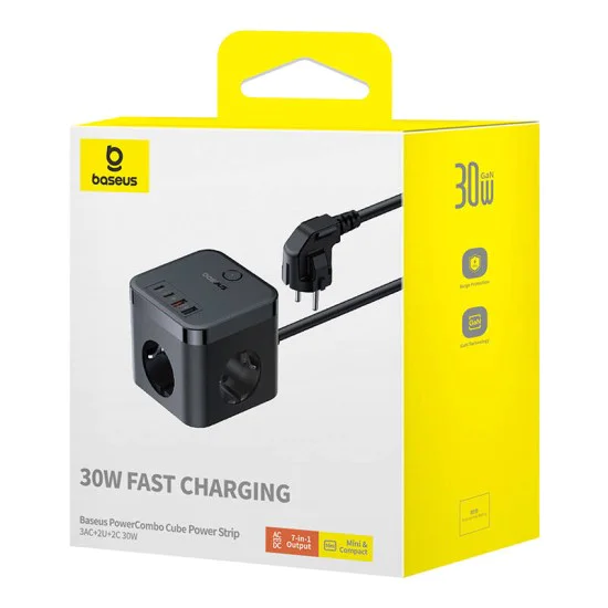 Удължителен кабел – Baseus PowerCombo E00066400117-00 – 3AC + 2U + 2C, 30W, 1.5m – Черен