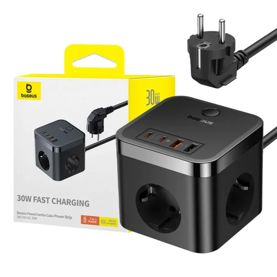 Удължителен кабел – Baseus PowerCombo E00066400117-00 – 3AC + 2U + 2C, 30W, 1.5m – Черен