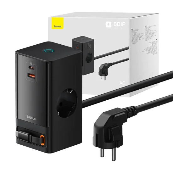 Удължителен кабел Priza Shuko, USB, 2xType-C, 65W - Baseus PowerCombo (PSLR000301) - черен