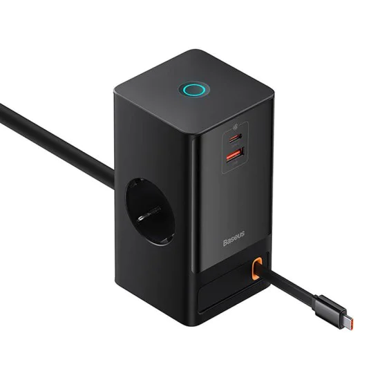 Удължителен кабел Priza Shuko, USB, 2xType-C, 65W - Baseus PowerCombo (PSLR000301) - черен