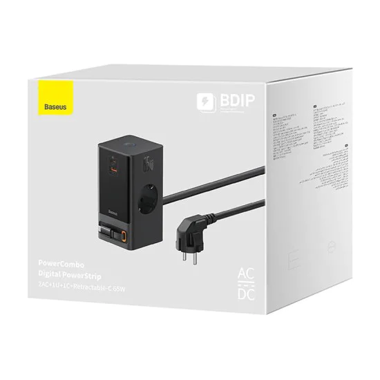 Удължителен кабел Priza Shuko, USB, 2xType-C, 65W - Baseus PowerCombo (PSLR000301) - черен