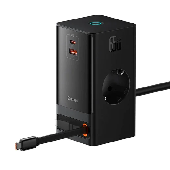 Удължителен кабел Priza Shuko, USB, 2xType-C, 65W - Baseus PowerCombo (PSLR000301) - черен