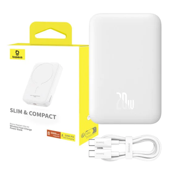 USB-C външна батерия, MagSafe, 6000mAh, 20W - Baseus Magnetic Mini Air (P100595900222223-00) - бяла
