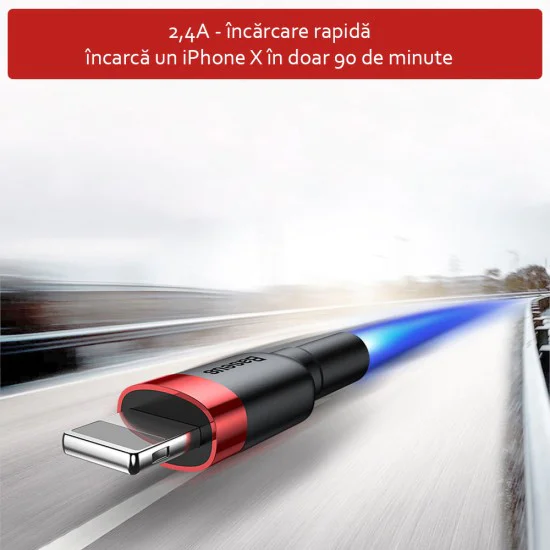 USB към Lightning кабел, 2.4A, 480Mbps, 0.5m - Baseus Cafule (CALKLF-A19) - червен / черен