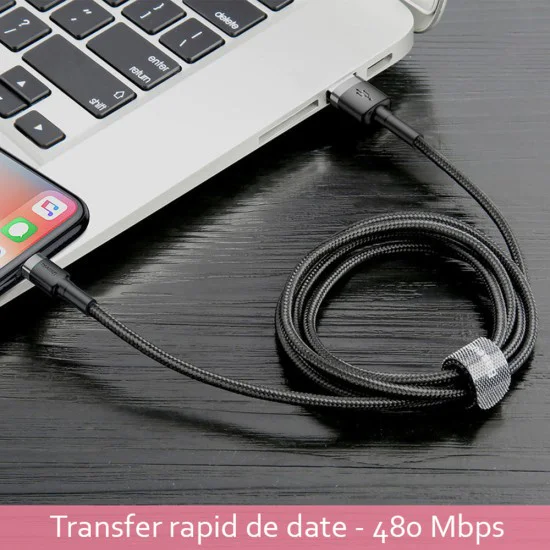 USB към Lightning кабел, 2.4A, 480Mbps, 1m - Baseus Cafule (CALKLF-BV1) - черен / златен